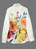 New Ink Flower Print Elegant Open Shirt Pocket