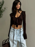2025 New Solid-Colored Lotus Side Knitted Shirt Women's Short Sexy Hot Girl Fashion V Collar