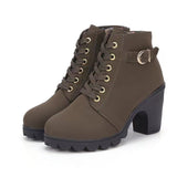 High Heel Single Boots Belt Buckle Women's Shoes Thick Heel Short Boots Round Head Martin Boots Women's Lace And Bare Boots