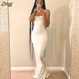 Women Low-Cut Bandage Straps Plain Knitted Bodycon Dress Solid Color Summer Long Party/Club/Bar Sling