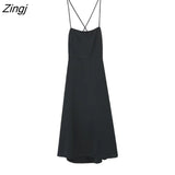 Women Summer Sleeveless Black Backless Fashion Spaghetti Strap Design Streetwear Vestido De Mujer Mid-calf New