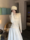 Xixi 2025 Autumn White Standard Korean Version Of Elegant Temperament Solid Color Tie With Thin Knitted Shirt Top Lady