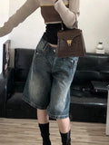 Zingj Vibe Retro Wash Do Old Denim Shorts Female High Street Popular Logo Design Sense Loose Straight Five Cent Medium