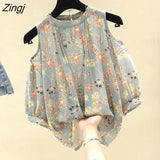 Off Shoulder Women Blouse Spring Summer Short Sleeve OL Chiffon Shirt Streetwear Vintage Print Hollow Out Top Mujer De