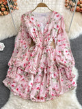 Women Green/Purple/Beige Floral Chiffon Dress Bohemian V-Neck Lantern Long Sleeve High Waist Ruffle Vestidos Female