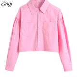 Women Simply Solid Color Double Pockets Patch Short Shirts Office Lady Long Sleeve Blouse Roupas Chic Chemise Tops