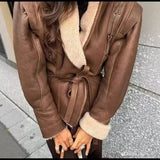 / Winter Women's Spice Girl Lapel Lamb Coat With Waist Short Biker