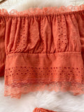 Women Hollow Out Lace Two Piece Set Orange/Purple/White Slash Neck Puff Sleeve Tops + High Waist Ruffle Skirt Beach