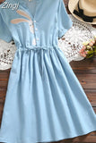 clothes for women Rabbit Embroidery Dress V-neck Drawstring Blue Femininos Vestidos Short Sleeve Elegant Dress 4618