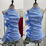 Spicy Design Sleeveless Leaves Three-Dimensional Flower Blouse Atmosphere Slimming Waist