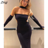 Sexy Strapless Halter Maxi Dress Women Black Hollow Out Gloves Evening Dress Female Autumn Skinny Elegant Party