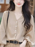 V-Neck Lantern Sleeve Top Women's Dress 2025 New Early Spring Ocean Design Wears French Chic