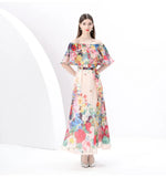 Wind Shoulder Lotus Leaf Side Bright Silk Print Dress Girl Spring Waist Temperament Big Chiffon Long