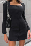 Women's Elegant Dresses Long Sleeve Square Neck Sexy Mini Dress Black Bodycon Short Vintage Tight Bandage Dresses