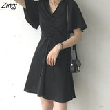 Women Flare Sleeve Zipper Solid Student Simple Loose Casual Summer Korean Style Retro Soft Cute All-match Elegant