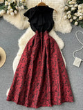Autumn Women Red/Gold Floral Printed Patchwork Long Dress Vintage Stand Collar Sleeveless High Waist A-Line Vestidos