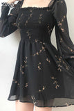 2023 Womens Sexy Black Dress Vintage Flower Long Puff Sleeve Chiffon Dresses Korean Casual Mini Vestidos Mujer
