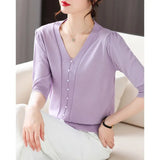 New Small Fragrant Wind V-Neck Pearl Button Ice Silk Sweater Age Reduction Show Thin Gentle Temperament