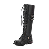 Large-Size Knight Boots Women Low And Flat Bottom Round Head Belt Buckle Cross-Tie