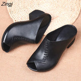 Soft Leather Outer Slippers Fish Mouth Comfortable Versatile Mid-heeled Women Sandals Women's Mother's Shoes