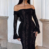 Shoulder Horn Sleeve Long Bag Hip Dress Gentle Elegant Temperament Boobs Waist Tugtail