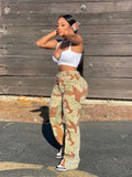 Women's Casual Trousers Camouflage Print Zip Button Design Patchwork Flared Straight Pants