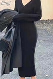 Winter Elegant Bodycon Sweater Dress Women V Neck Slim Knitted Pencil Long Dress Vestidos Robe