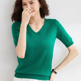 Zingj / Summer 2024 New Knit Short Sleeve Female V Collar Bottom Knit Sleeve Half Sleeve Sweater Loose Bottom Sweater-Outfit