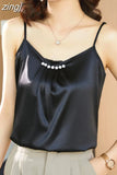 Silk Women Tops Satin Blouses for Women Beading Silk Blouse Top Woman Sleeveless Shirts Tops Fashion Woman Satin