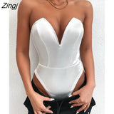 V Neck Strapless Bodysuits Sleeveless Sexy Slim Bodycon Jumpsuit 2021 Fashion Elegant Crotch Basic White Overalls