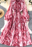 Women Blue/Red/Black Printed Party Dress Bohemian Puff Long Sleeve High Waist Ruffle Collar Midi Robe Female Vestidos
