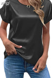 Summer Tops Woman Short Sleeve Silk Blouse Loose Casual O-Neck Solid Shirts Fashion Satin Clothing Elegant