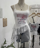 Shooting 2025 Summer New Women's Fashionable Lace Letter Print Sling Vest Ribbon Ribbon Ribbon Sleeveless Top