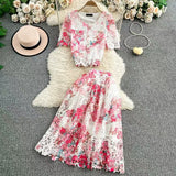 High-End Lace-Print Temperament Single-Drace Buckle Round-Neck Short-Sleeved Top Two Sets Of High-Rise Slimming