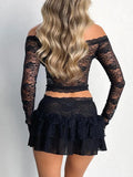 Vintage Lace Off Shoulder Long Sleeve T-Shirt &amp; Tiered Mini Skirt