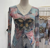 Shooting Amount Of Bumpy Tulle Spliced Denim Butterfly Design Sunscreen Coat V Collar Short T-Shirt