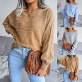 Explosion Autumn And Winter Word Collared Shoulder Hollow Knitted Casual Knitted Sweater Women's