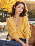 Yellow Knitted Cardigan Women's New Gentle Wind Korean V-Neck Loose Long-Sleeved Jacket In Autumn And Winter