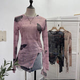 Tie-Dye-Print Net Yarn Jersey Long-Sleeved Top Irregularly T-Shirt With Thin Short T-Shirt