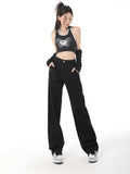 Five Pointed Star Straight Women Black Jeans European and American Style Design High Waist Wide Leg Length All Match