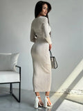 Wind Solid Color Knitted Dress Female Spring And Autumn Temperament Waist Long Sleeve Long