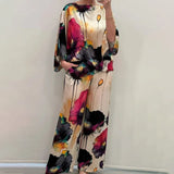 New Women's Temperament Elegant Print Bat Sleeves Wide Leg Trousers Fashion Set