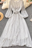 Vintage Yellow/Purple/Blue Polka Dot Chiffon Long Dress Women Elegant O-Neck Puff Sleeve Pleated Party Robe Female