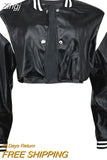 Women's Autumn Winter Short Baseball Coat Long Sleeve Button Contrast Color PU Leather Jacket Coats Y2K