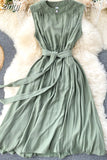 Solid Green/Blue/Yellow Casual Dress Elegant Sleeveless Round Neck Sashes Dresses Vintage 2023 New Fashion Vestido