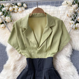 Lady Notched Collar Patchwork Romper Women Elegant Short Sleeve High Waist Wide Leg Playsuits Female Summer OL