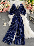 Sexy Polka Dot Romper Women Elegant V-Neck Puff Short Sleeve High Waist Jumpsuit Female Loose Wide Leg Playsuits