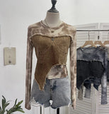 Dye Mesh Spliced Denim Shoulder Long-Sleeved T-Shirt T-Shirt T-Shirt Dress