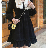 Corduroy Black Gothic Dress Women Long Sleeve A-line Elegant Party Mini Dress Sweet Bow Patchwork Kawaii Lolita