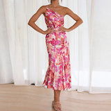 New Fashion Print Temperament Collared Shoulder Sling Sling Mid-Long Dress
